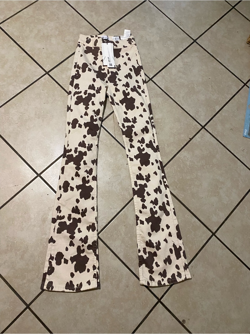 Zara Cream and Brown Cowprint Flared Jeans - Picture 2 of 3